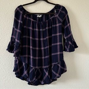 BeachLunchLounge Plaid On Off Shoulder 3/4 Sleeve Flare sleeve Hem Top Sz Large